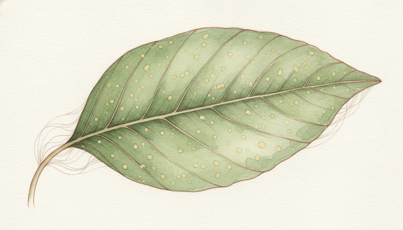 Feuille verte piquetée de points clairs avec de fines toiles entre le pétiole et la tige, style aquarelle botanique