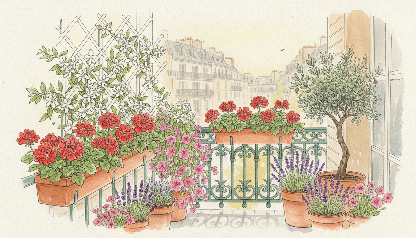 Petit balcon parisien fleuri avec géraniums rouges, pétunias roses, lavande, jasmin grimpant, jardinières en terre cuite, fauteuil en rotin, style aquarelle botanique