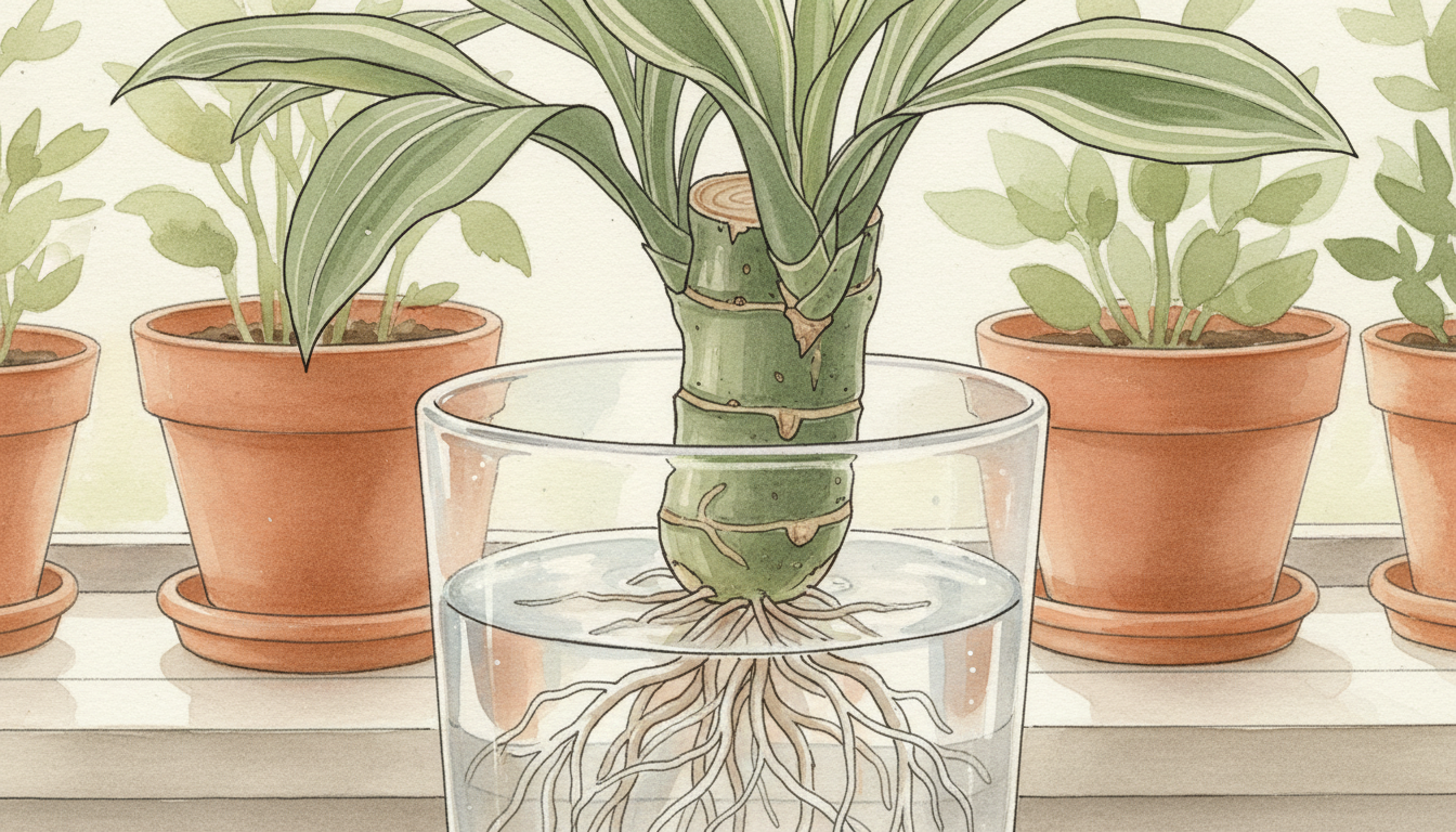 Tronçon de Dracaena fragrans avec de jeunes racines blanches dans un verre d'eau, feuilles vertes en rosette au sommet, style aquarelle botanique