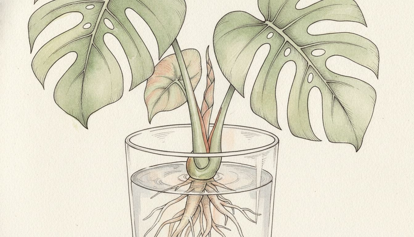 Bouture de monstera dans un verre d'eau, nœud immergé avec de jeunes racines blanches, style aquarelle botanique