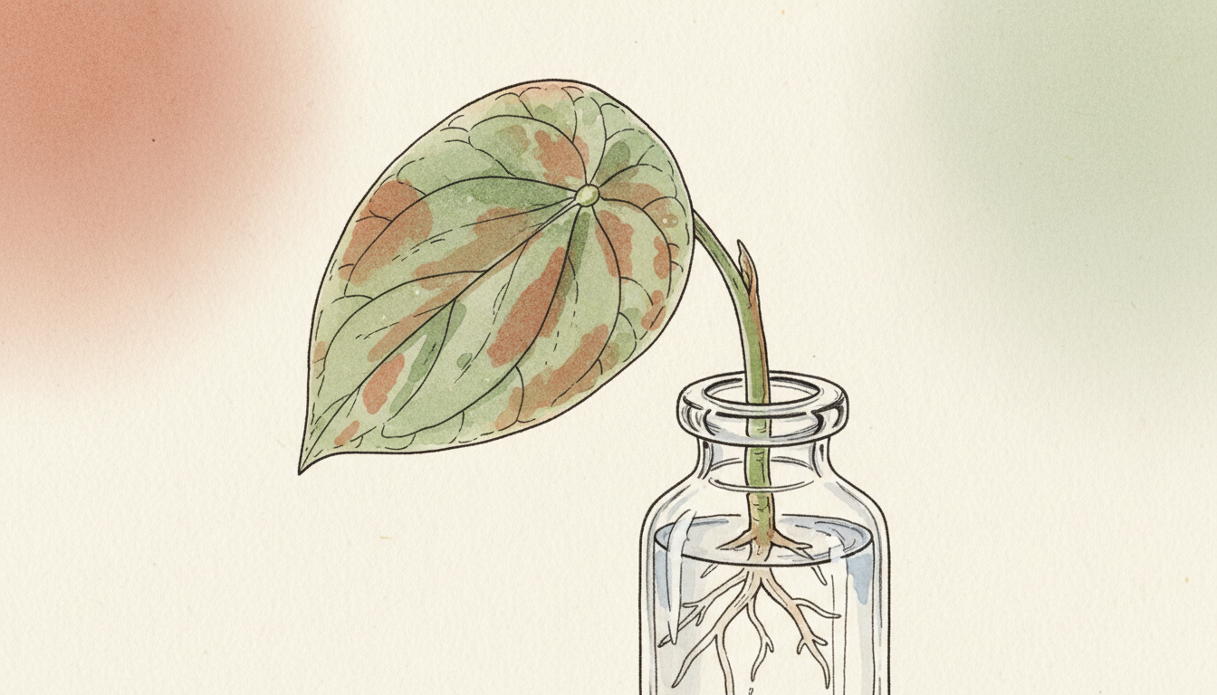 Bouture de Peperomia raindrop avec feuille en forme de goutte et jeunes racines blanches dans un petit verre d'eau, style aquarelle botanique