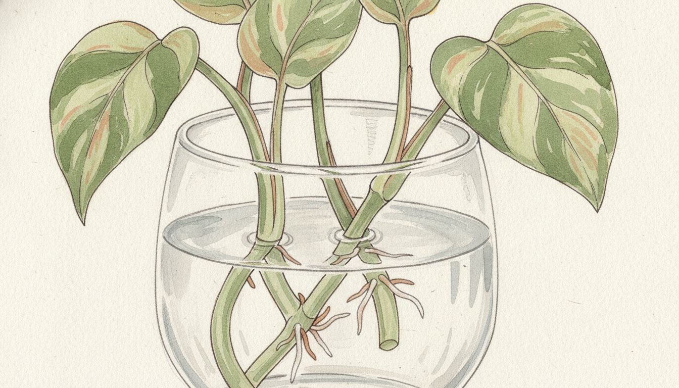 Tiges de pothos coupées posées dans un verre d'eau, racines blanches naissantes sous les nœuds, style aquarelle botanique