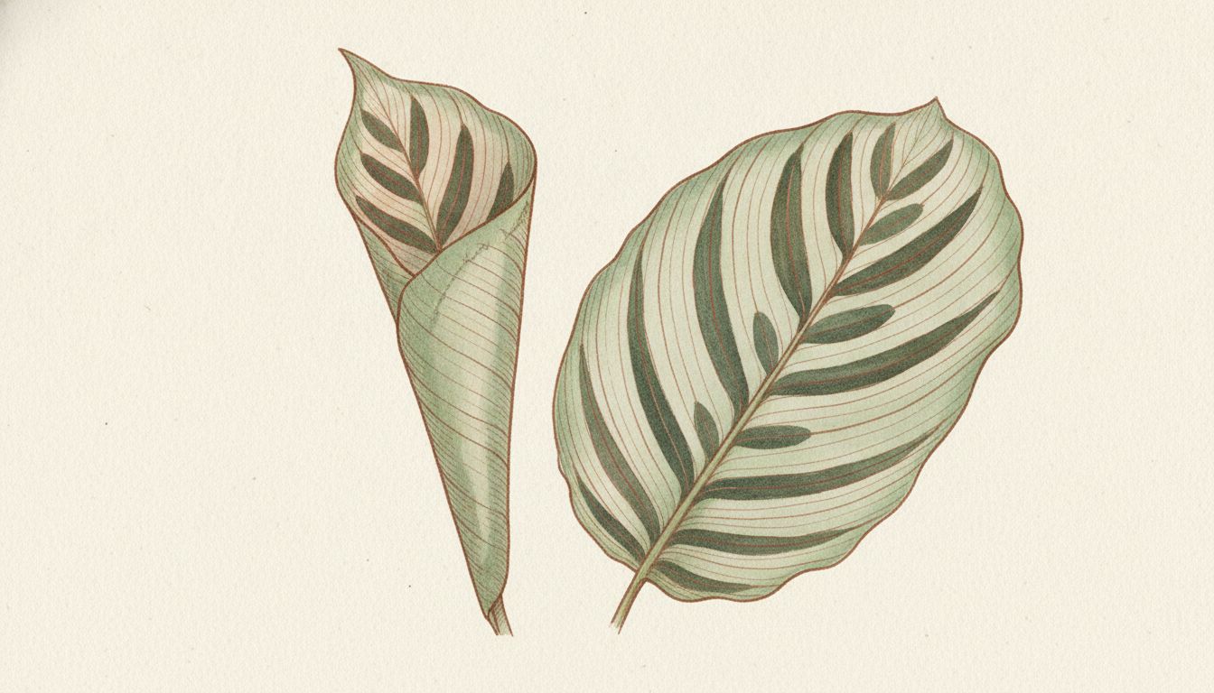 Feuille de Calathea ornata enroulée en cornet sur sa nervure centrale, posée à côté d'une feuille saine bien étalée, style aquarelle botanique
