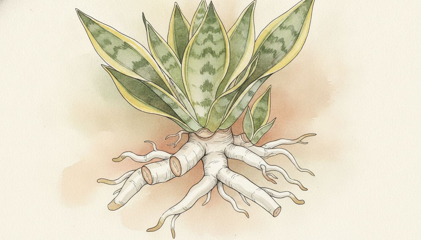 Motte de sansevieria sortie du pot, rhizomes blancs charnus séparés au couteau, feuilles bordées de jaune, style aquarelle botanique