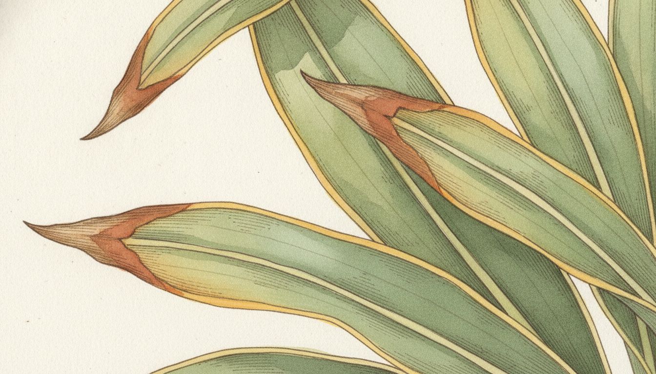 Feuilles de Dracaena fragrans dont les extrémités sont brunes et sèches sur trois centimètres, avec liseré jaune, style aquarelle botanique
