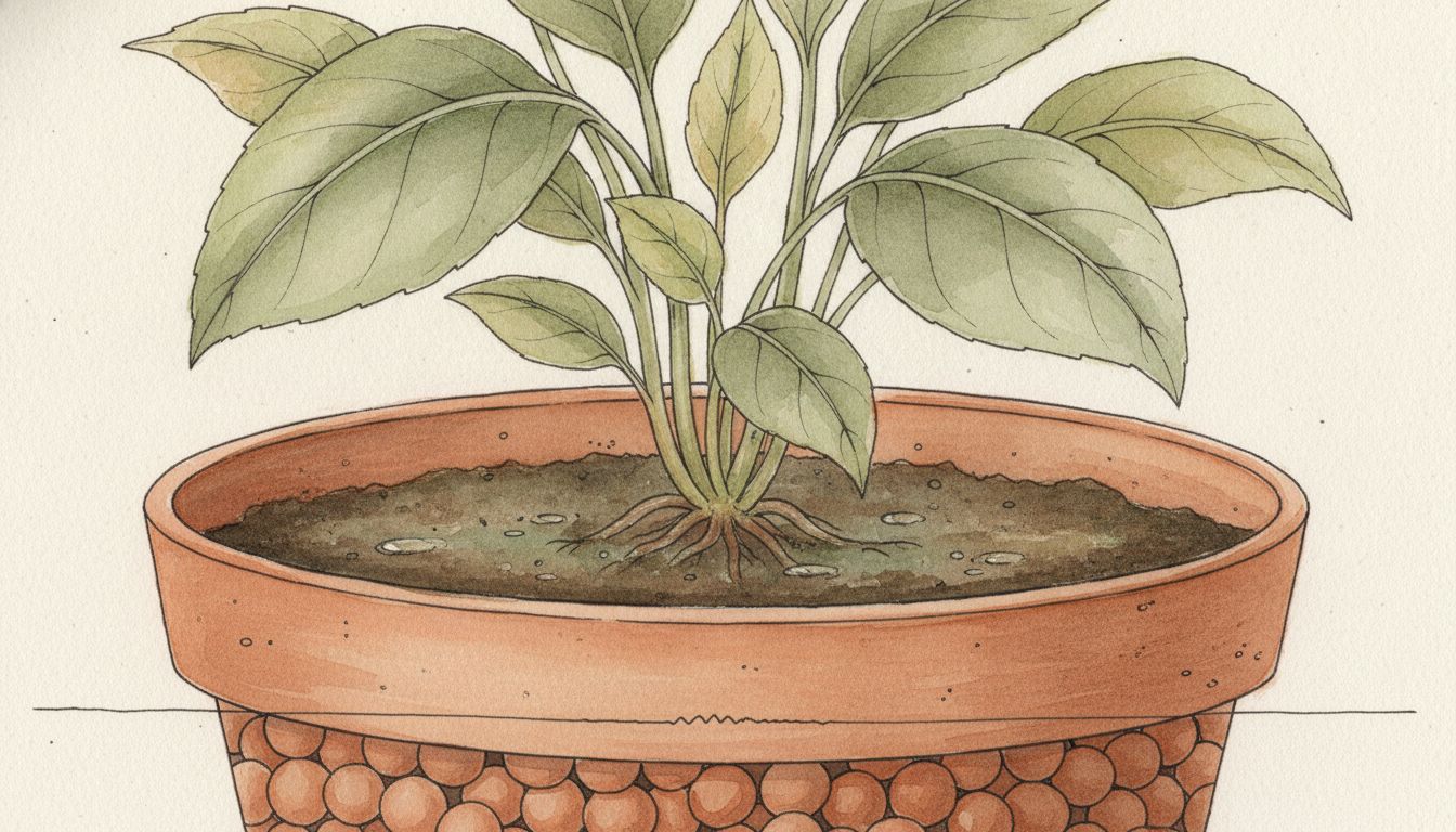 Coupe d'un pot de fleurs montrant une couche de billes d'argile au fond sous le terreau et la zone humide au-dessus, style aquarelle botanique