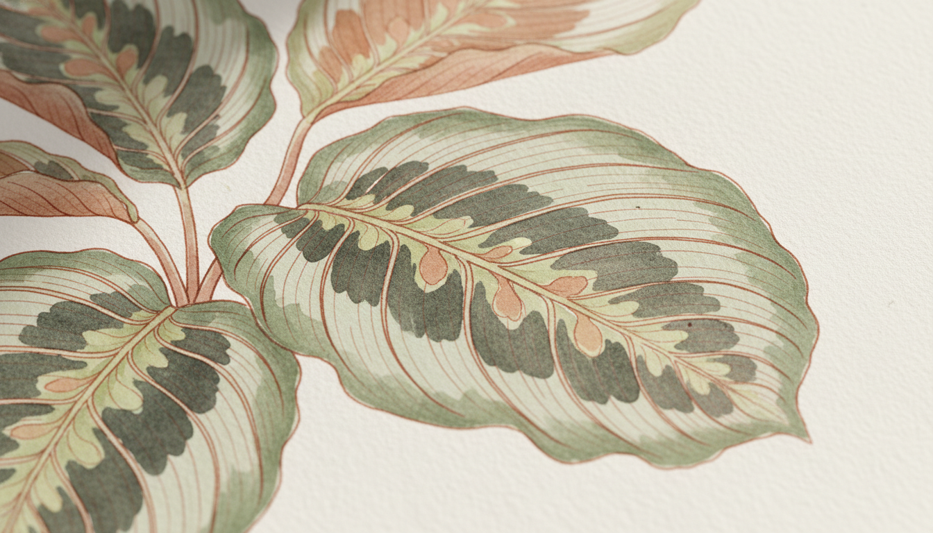Calathea ornata aux feuilles ovales vert foncé nervurées de blanc et rose sur fond bordeaux, pot en céramique beige texturée, style aquarelle botanique