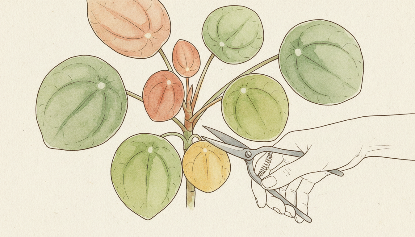 Pilea peperomioides aux feuilles rondes vert vif sur tiges fines, dans un petit pot en terre cuite sur rebord de fenêtre ensoleillé, style aquarelle botanique