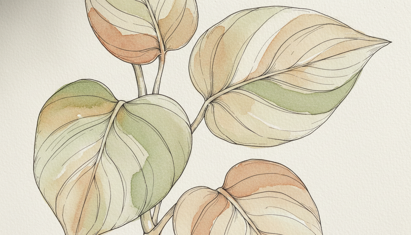 Pothos aux longues tiges retombantes dans un pot en macramé suspendu près d'une fenêtre, feuilles vert doré panachées de jaune, style aquarelle botanique