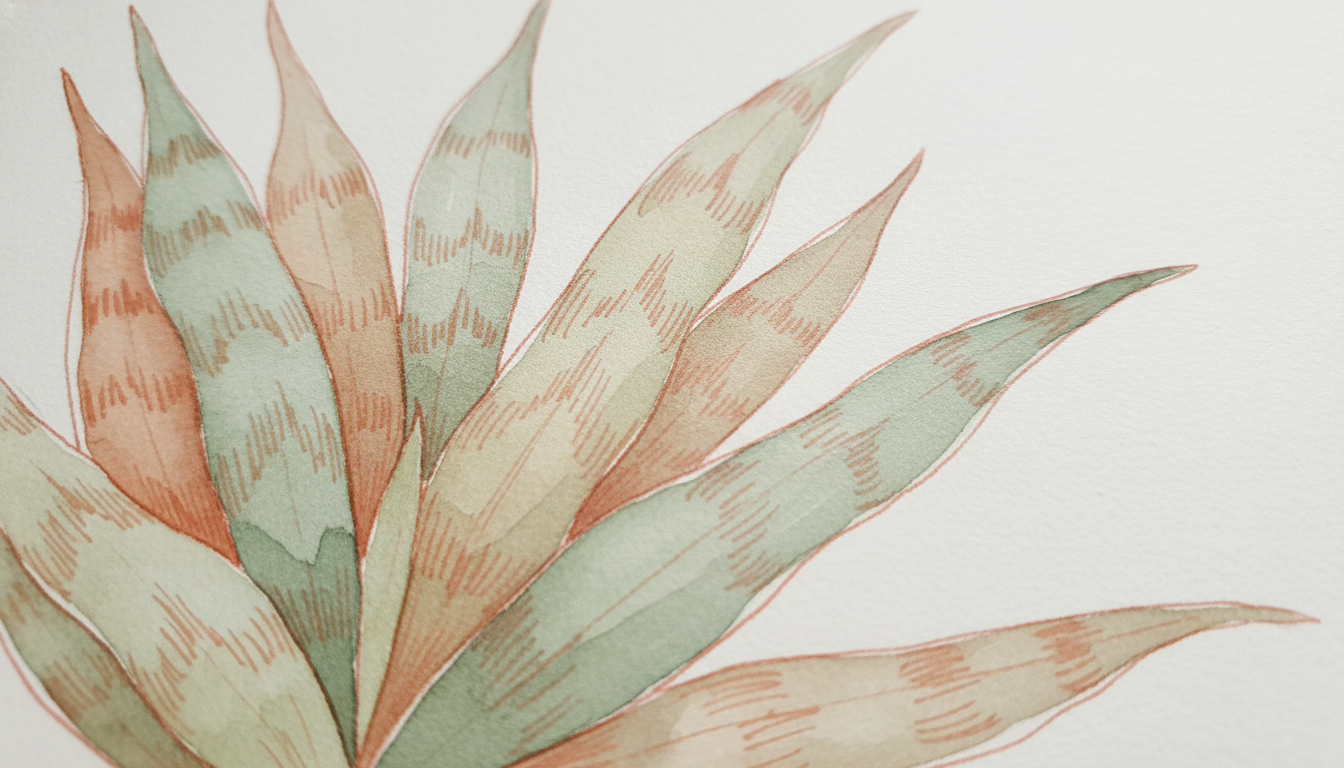 Groupe de Sansevieria aux feuilles dressées vert foncé striées de jaune, dans des pots en céramique grise et terracotta sur une console en bois, style aquarelle botanique