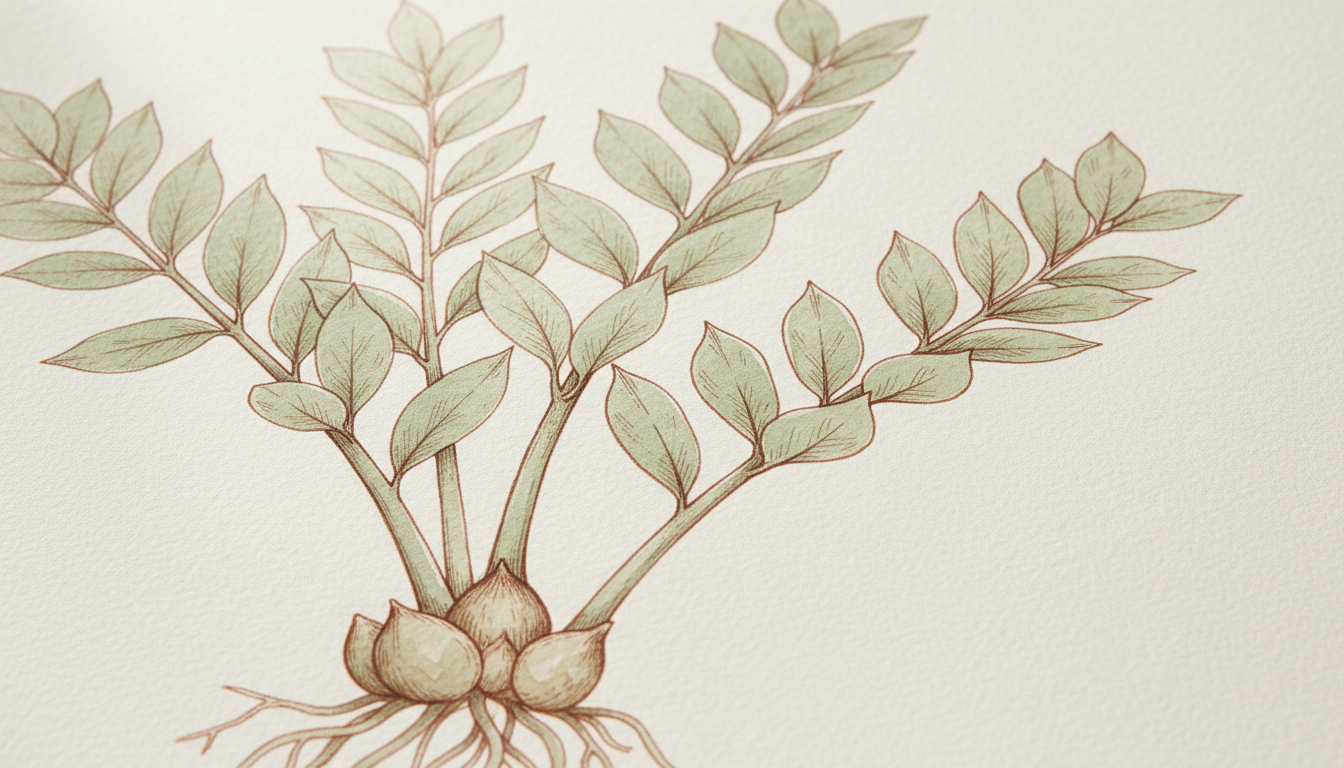 ZZ Plant aux tiges dressées garnies de petites feuilles brillantes vert foncé lacquées, dans un pot en céramique blanche sur une table en bois clair, style aquarelle botanique