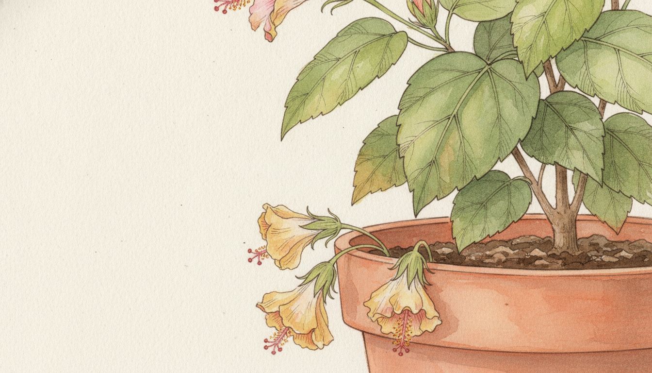 Hibiscus rosa-sinensis en pot avec plusieurs boutons floraux jaunis tombés sur le rebord, style aquarelle botanique