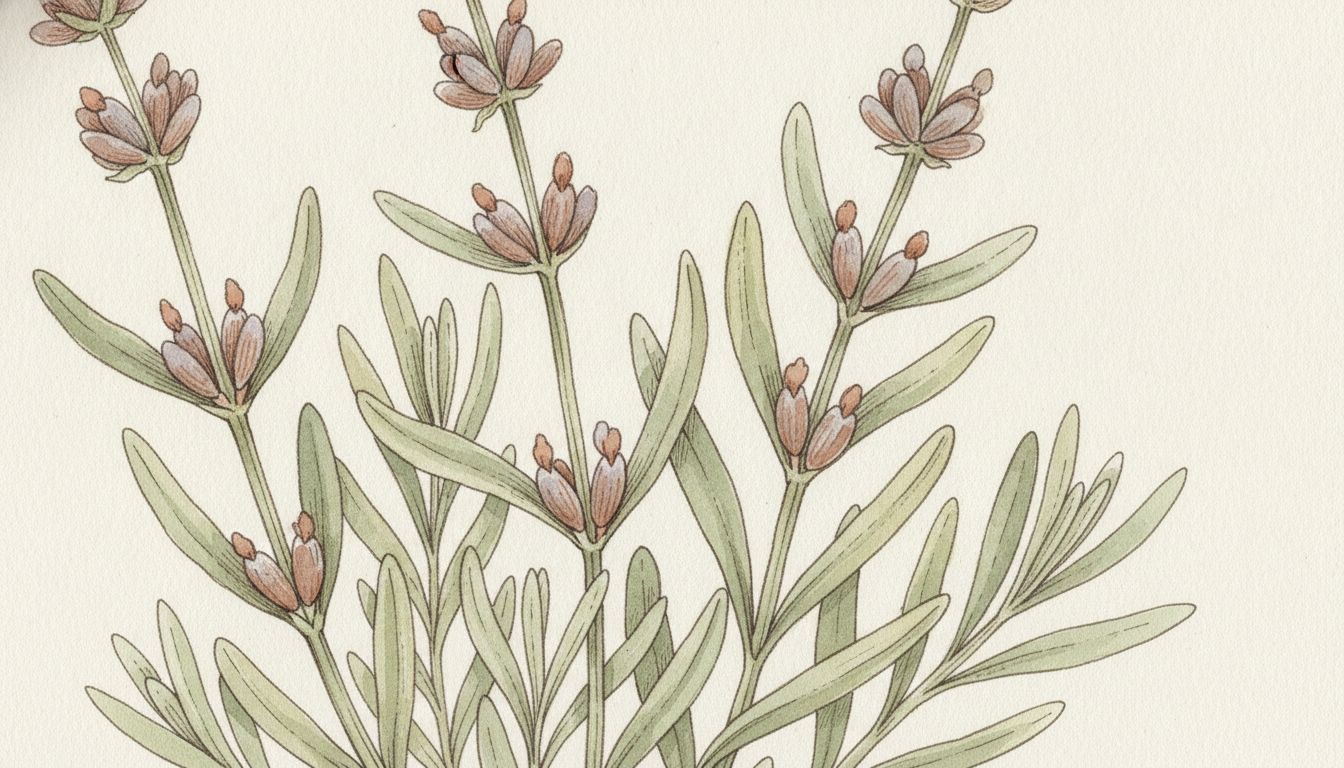 Tiges de lavande en boutons, feuillage vert-gris, planche aquarelle botanique