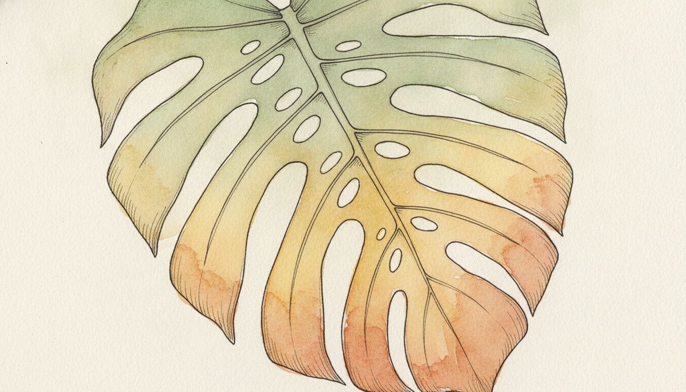 Feuille de Monstera deliciosa fenêtrée dont la moitié inférieure vire au jaune, style aquarelle botanique