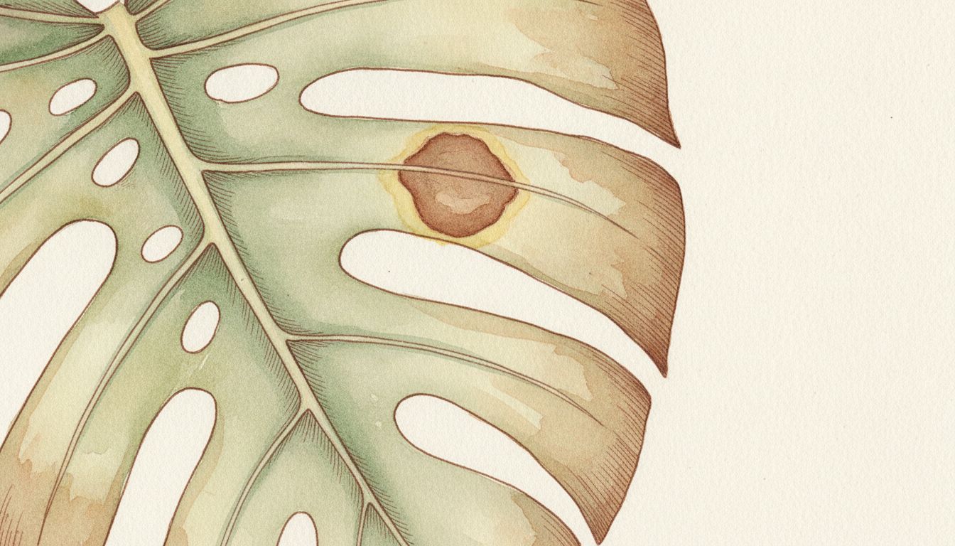 Feuille de Monstera deliciosa portant une tache brune cerclée de jaune et un bord droit desséché, style aquarelle botanique