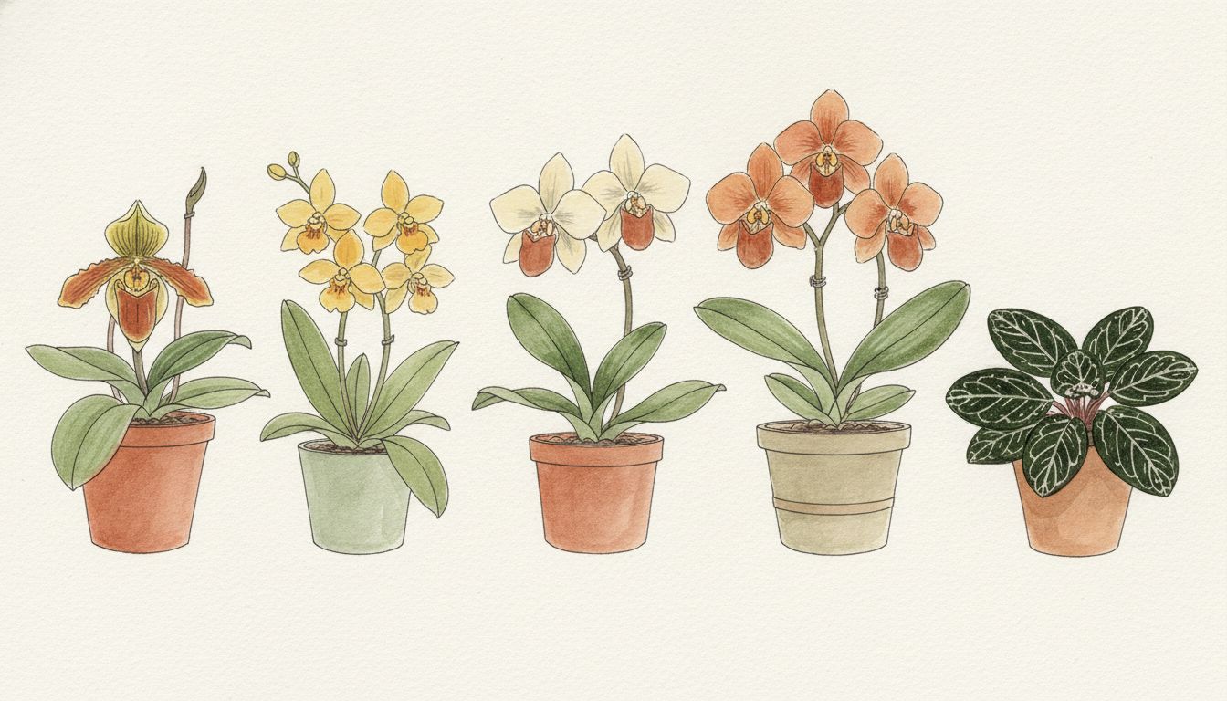 Six orchidées d'intérieur alignées, sabot de Vénus, oncidium jaune, cymbidium et ludisia au feuillage veiné, style aquarelle botanique