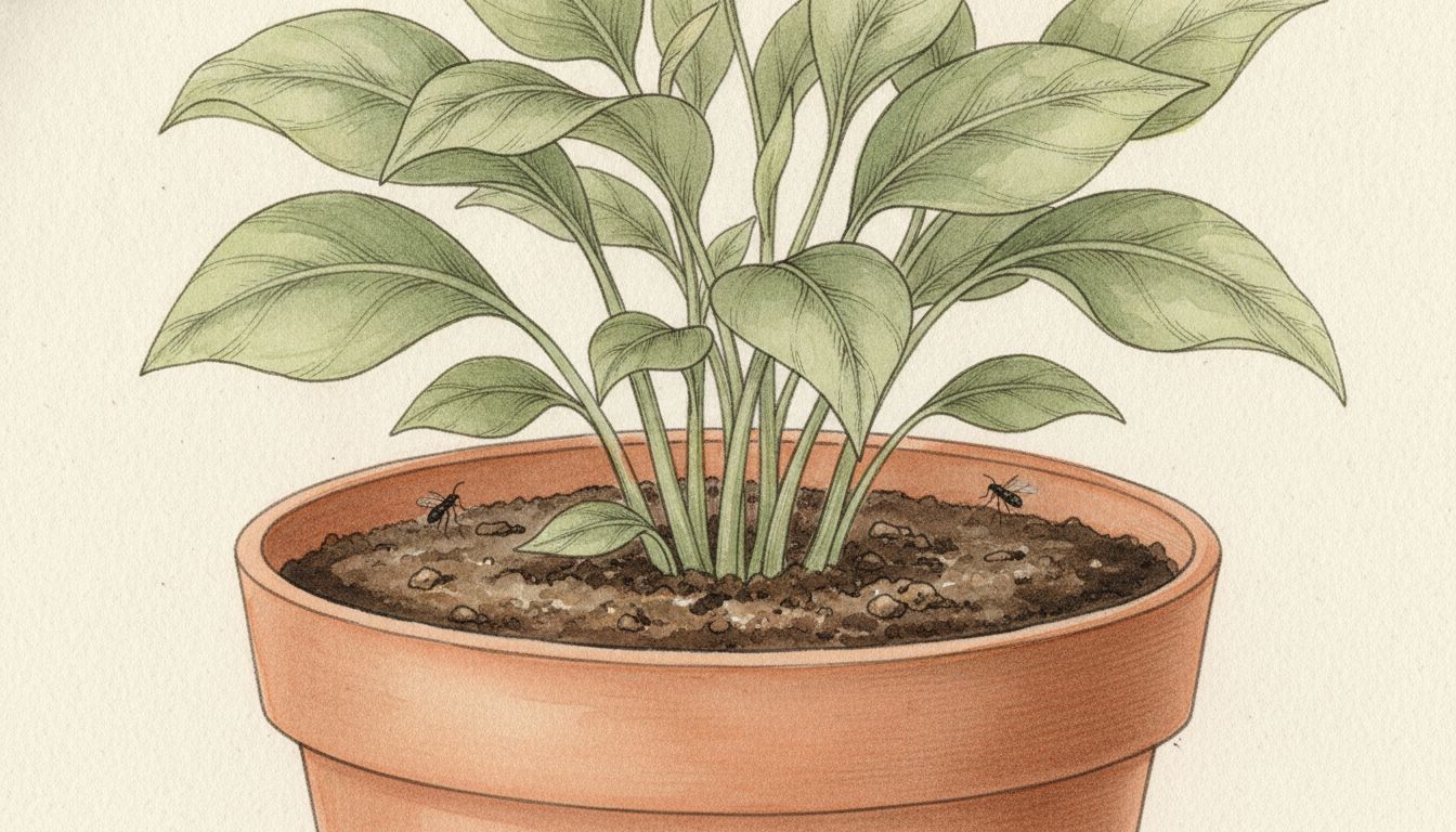 Pot de plante d'intérieur vu de près avec de petits moucherons noirs volant au-dessus du terreau humide, style aquarelle botanique