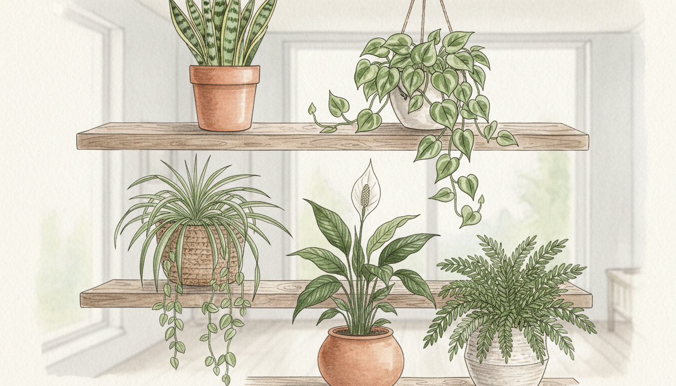 Composition de plantes d'intérieur dépolluantes sur une étagère en bois — Pothos, Sansevieria, Chlorophytum, Spathiphyllum — dans un salon lumineux, style aquarelle botanique