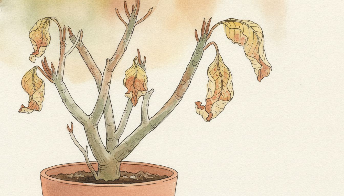 Frangipanier en pot aux branches presque nues en fin d'automne, quelques feuilles jaunies encore attachées, style aquarelle botanique