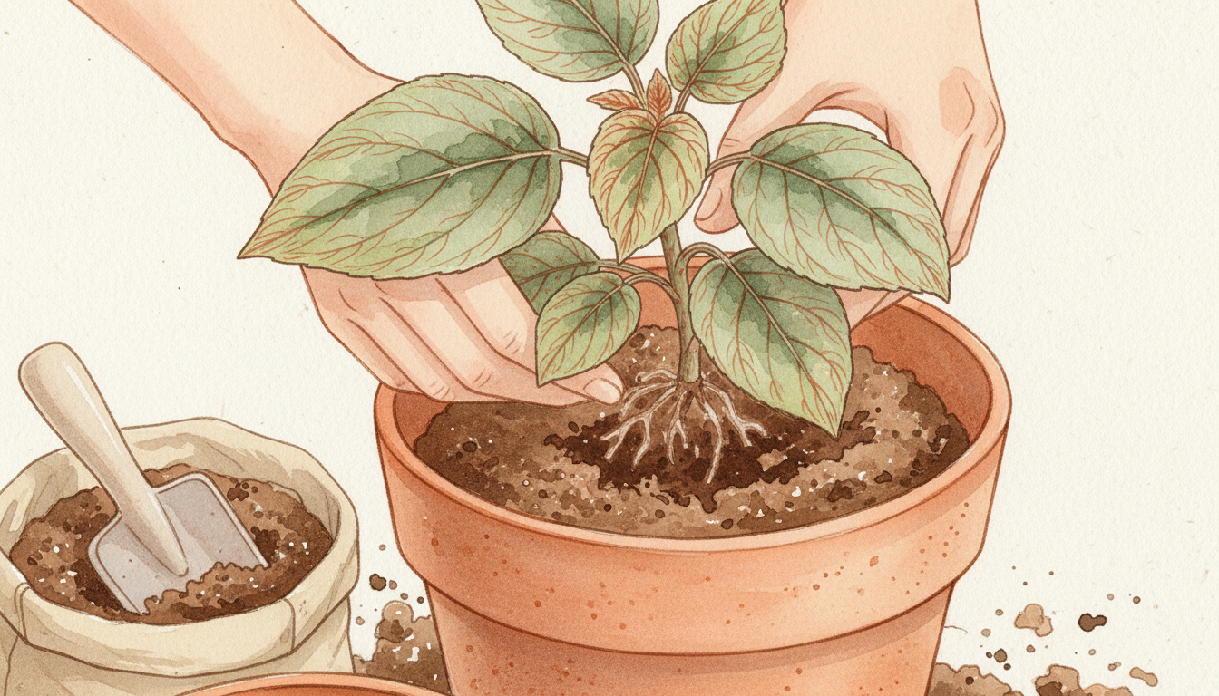 Mains qui rempotent délicatement une plante d'intérieur dans un pot en terre cuite, substrat frais sur table en bois, petit arrosoir et pelle de jardinage, style aquarelle botanique