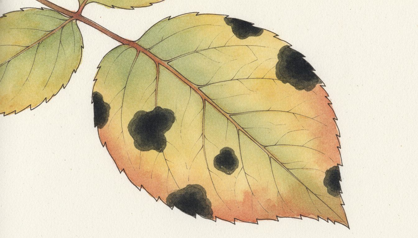 Feuille de rosier portant des taches noires arrondies à bordure diffuse sur fond jaunissant, style aquarelle botanique
