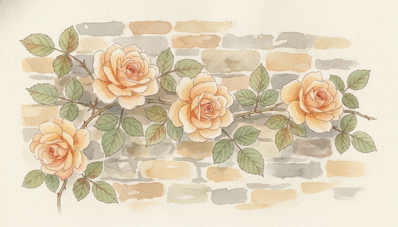 Rosier grimpant palissé à l'horizontale sur un mur de pierre, fleurs abricot et crème, style aquarelle botanique
