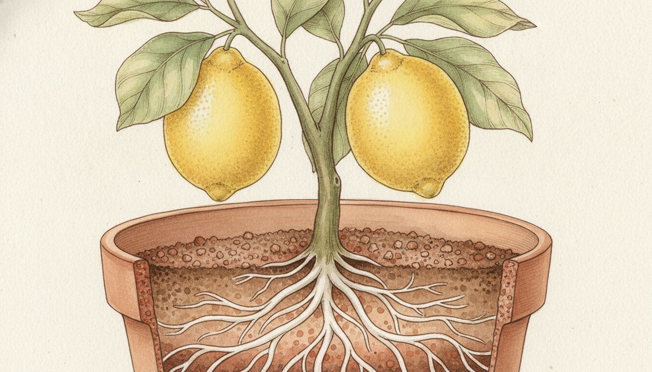Coupe d'un pot de citronnier montrant les couches de substrat, pouzzolane et racines, avec deux citrons mûrs sur la branche, style aquarelle botanique