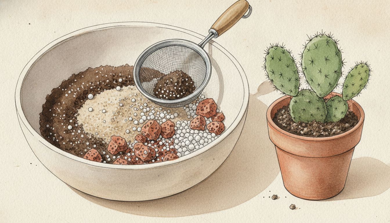 Bassine de mélange pour cactus avec terreau, sable grossier, pouzzolane et perlite, tamis et cactus en pot de terre cuite à côté, style aquarelle botanique
