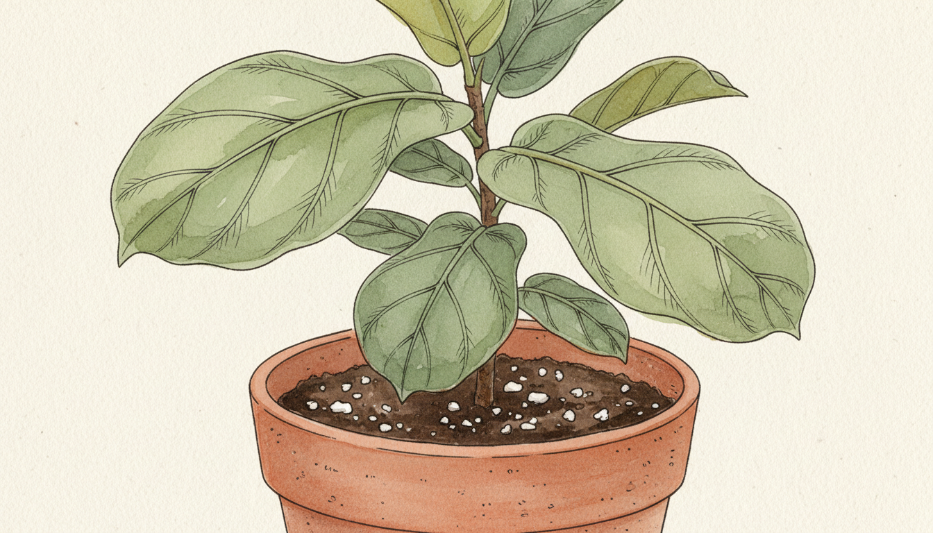 Ficus lyrata dans un pot en terre cuite avec un substrat aéré mélangé de perlite, racines visibles sur le dessus, style aquarelle botanique