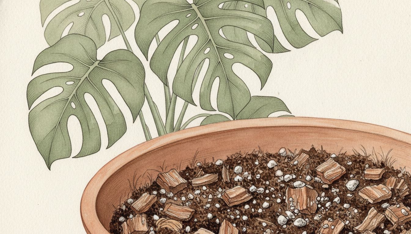 Mélange de terreau, écorce de pin, perlite et fibre de coco dans une bassine devant un Monstera deliciosa aux feuilles fendues, style aquarelle botanique