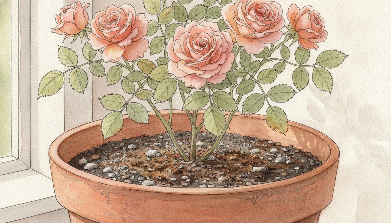 Rosier buisson dans un grand pot en terre cuite, mélange de terre de jardin et de terreau visible, couche de graviers au fond, style aquarelle botanique