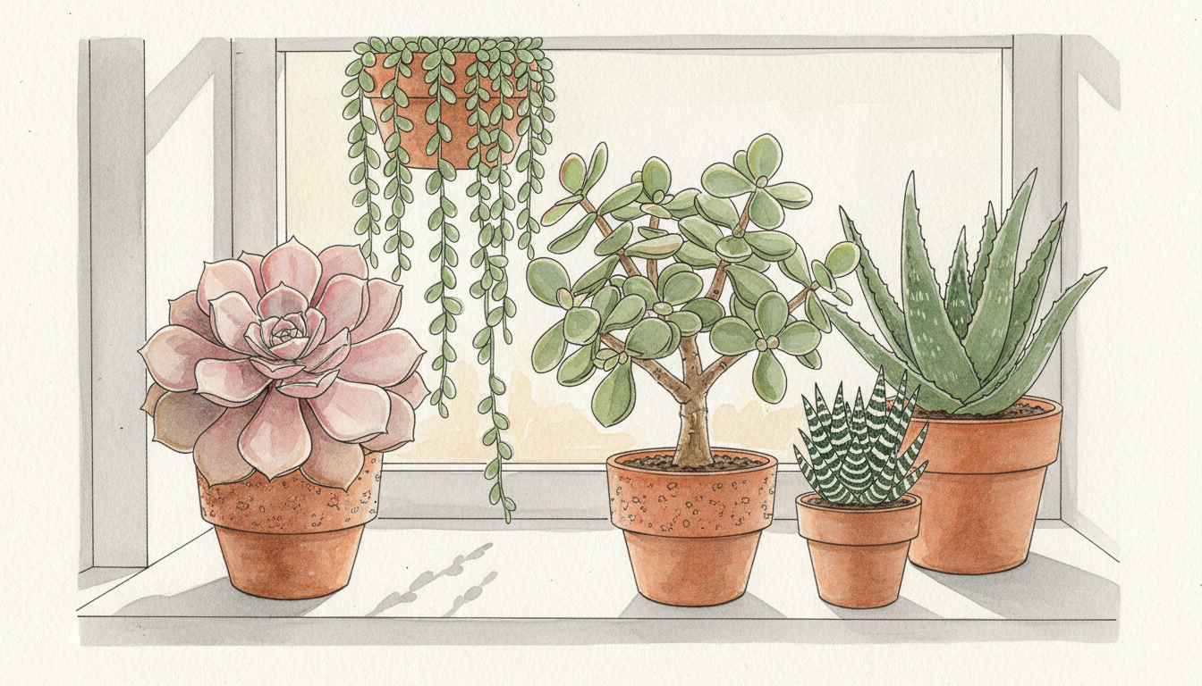 Collection de succulentes variées — echeveria rose, aloe vera, haworthia, jade — dans des pots en terre cuite alignés sur un rebord de fenêtre lumineux, style aquarelle botanique