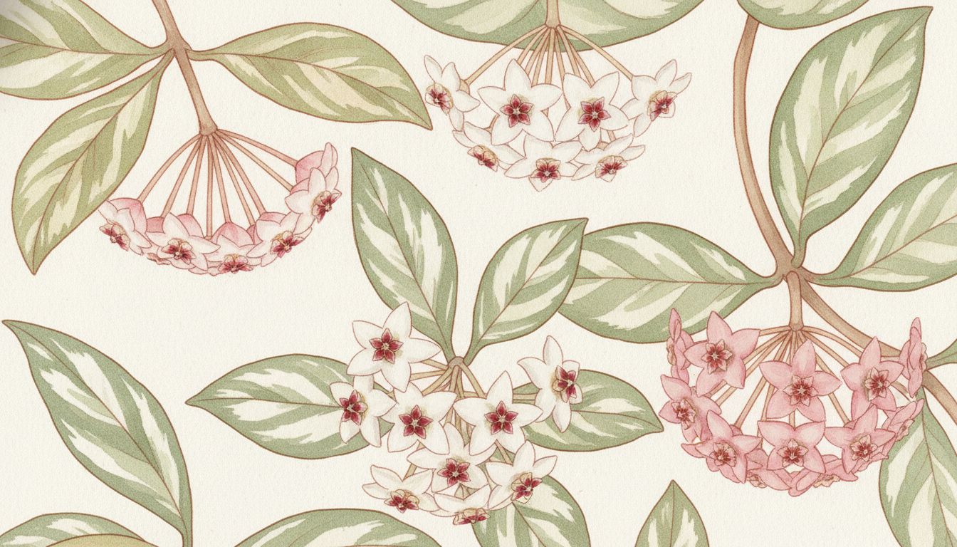 Plusieurs variétés de Hoya en fleurs, ombelles étoilées blanches à cœur rouge, grappes roses parfumées et feuillage cireux panaché, style aquarelle botanique