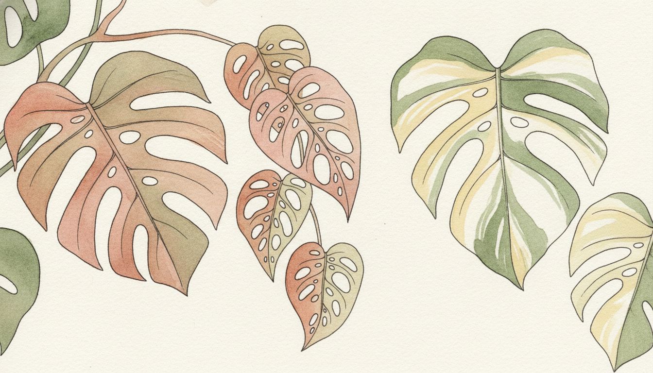 Plusieurs variétés de Monstera côte à côte, feuilles fenêtrées de deliciosa, petites feuilles perforées d'adansonii et feuillage panaché crème, style aquarelle botanique