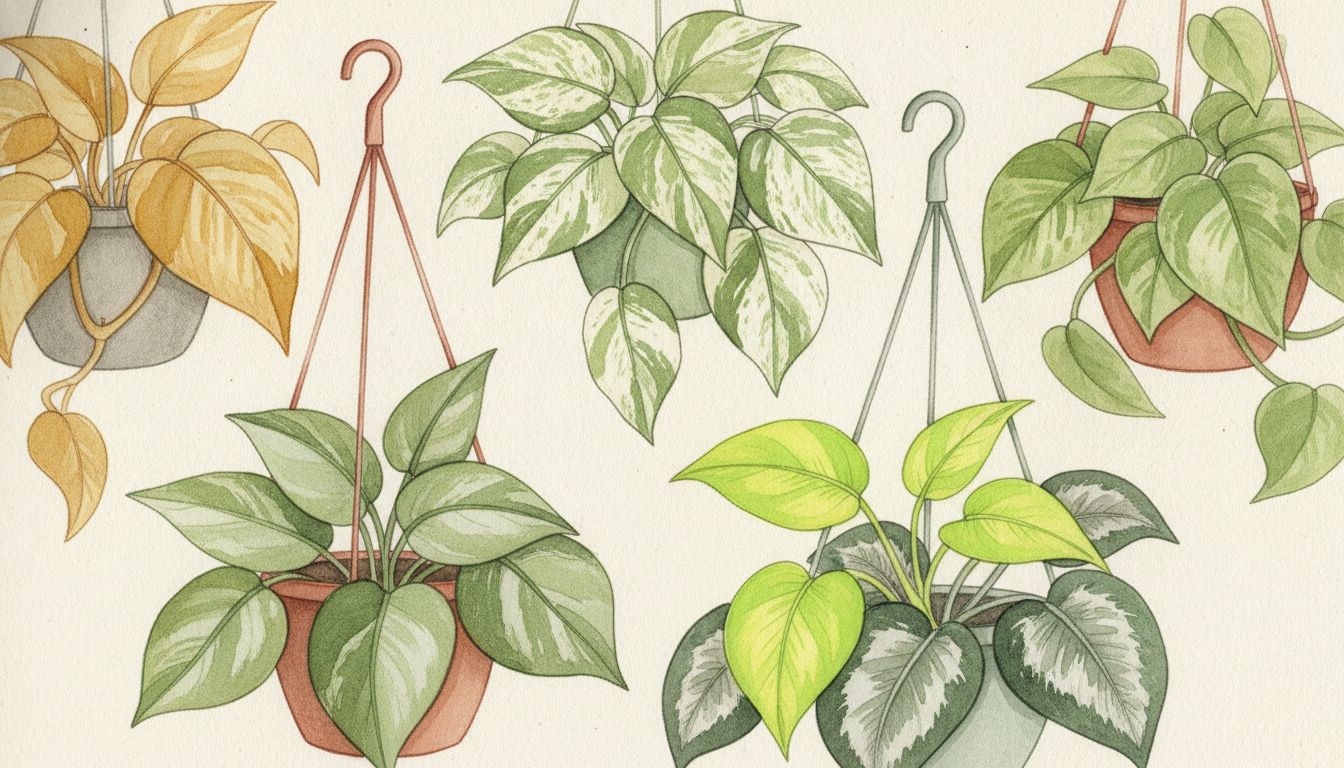 Plusieurs variétés de pothos suspendues côte à côte, feuillage doré, marbré blanc, vert néon et argenté satiné, style aquarelle botanique